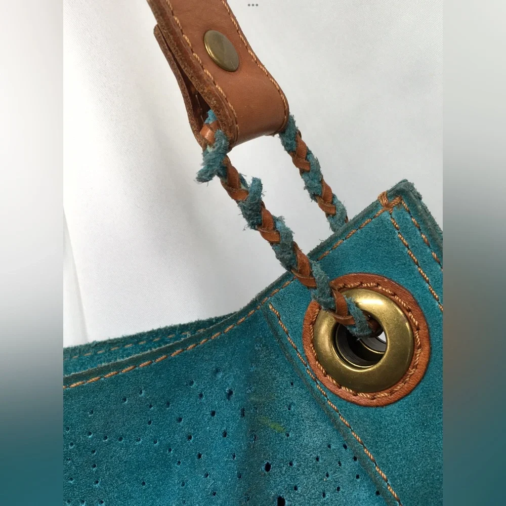 Lucky Brand Laser Cut Perforated Suede Tassel Hippie Hobo Shoulder Handbag - Picture 3 of 8